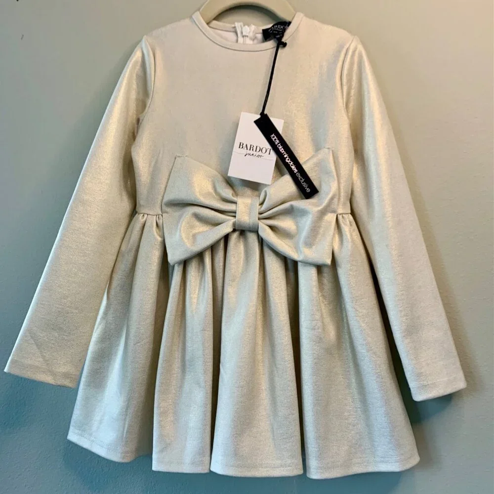BARDOT JUNIOR Shimmer Party Dress Girls 6 NEW Big Bow Wool Blend Gold Cream NWT - Picture 9 of 9